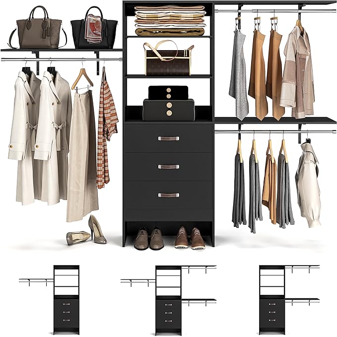Armocity 96" Wood Closet System with 3 Enclosed Drawers & 3 Solid Shelves, 8FT Adjustable Closet Organizers and Storage, Heavy Duty Modular Wardrobe for Reach-In & Walk-In, 1000 LBS Load, Black