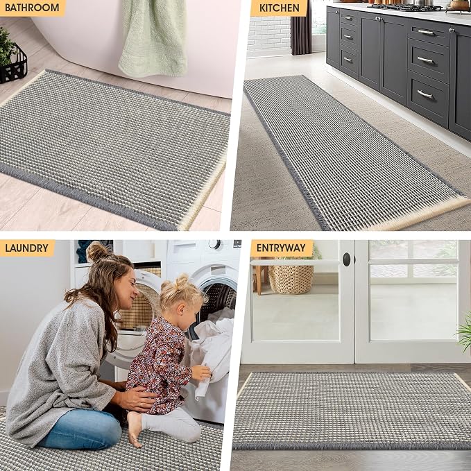 IM HOME Waffle Bath Mat Grey & Beige 4'x2', Boho Woven Modern Bath Mat Rugs, Absorbent Non Slip Bathroom Rugs, Soft Washable Bath Rugs with Tassels for Bathroom, Bedroom, Kitchen, Shower, Tub