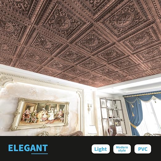 Art3d Drop Ceiling Tiles, Glue up Ceiling Tiles, 2'x2' Plastic Sheet in Antique Copper (24-Pack, 96 Sq.ft)