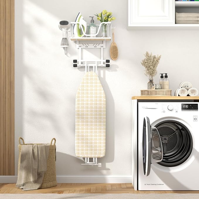 Ironing Board Hanger, CUFURNIX Wall Mount or Over the Door Iron Holder, Adjustable for Door Thickness, Fits T and Y Shaped Legs, High-Sided Basket & Side Hooks for Laundry, Sewing Room, White