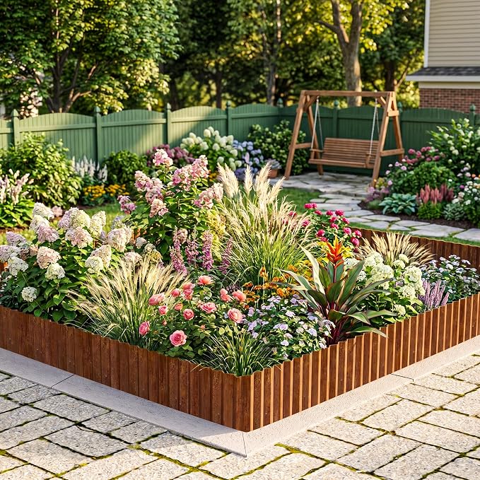 MTART Metal Garden Edging for Landscaping, Sturdy Corrugated Edging Border for DIY Flower Bed, Lawn and Landscape Edging (Rusty, 6"×50Ft)