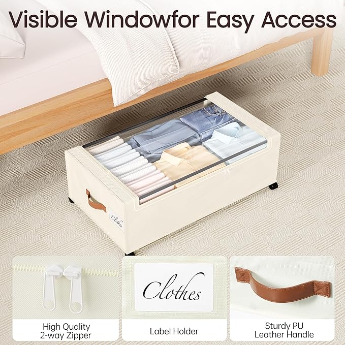 Yecaye 95 L Under Bed Storage with Wheels, 11 in Under Bed Storage Containers, Large Under Bed Shoe Storage with Lids, Rolling Underbed Storage bins for Clothes, Blankets, Beige