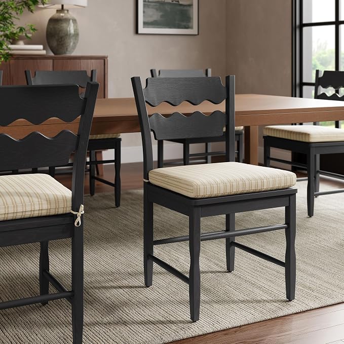 Modway Jax Vintage Inspired Oak Wood Dining Chair with Wavy Razor Back in Black Oatmeal Stripe - Armless Side Chair with Fabric Seat Cushion for Dining Room, Kitchen, Or Accent Seating