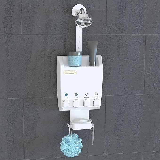 Better Living Ulti-Mate Shower Dispenser Caddy, 4 x 14.5 oz, White | Wall Mount 4 Chamber, Shower Dispenser for Bathroom, Shelf, Built-in Hooks & Soap Dish, No Drill