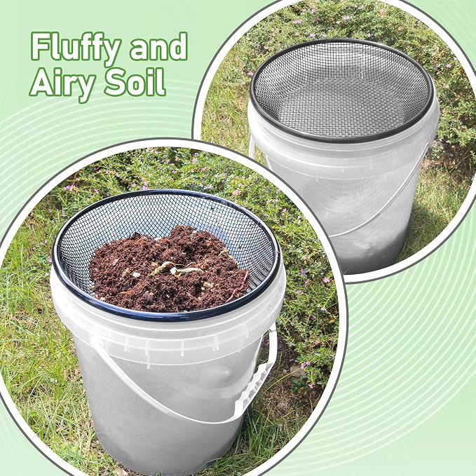 2Pcs 11.8" W Soil Sifter for Gardening, 2, 4mm Grid Rock Sifter for 5 Gallon Bucket, Stainless Steel Fine Dirt Sifter, Compost Sifter for Capturing Dirt, Sand, Rocks, and Filtering Compost (Black)