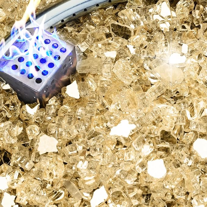 NUPICK 5 Pound Fire Glass, 1/4 Inch Reflective Fire Pit Glass | Tempered Fire Pit Rocks for Propane or Natural Gas, Glass Rocks for Fire Pit Table, Fireplace, Fire Bowl, Landscaping, Gold