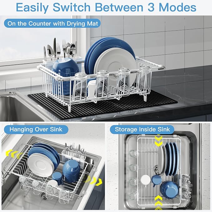 JASIWAY White Dish Drying Rack in Sink with Mat, Cups and Utensil Holder | Use Over the Sink or Counter, Stainless Steel Expandable Dish Drainer for Small Kitchen, Space Saving, Fast Drain, Rustproof