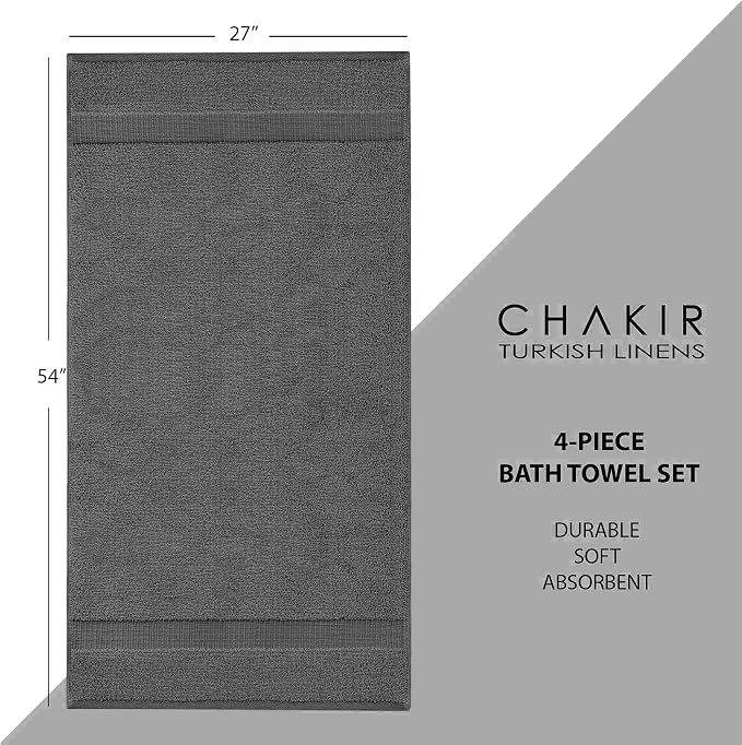 Chakir Turkish Linens 4 Piece Bath Towel Set, 100% Cotton Luxury Turkish Towels for Bathroom, Soft Absorbent Bath Towels, 27 x 54 Inches, Dark Gray