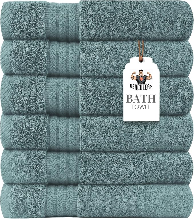 HERCULEAN Large Bath Towels 24 x 50 Pack of 6 | Quick Dry and Highly Absorbent | 100% Cotton Terry Towels for Bathroom - Perfect for Shower - Pool and Spa - Luxury Soft Towels - Duck Egg