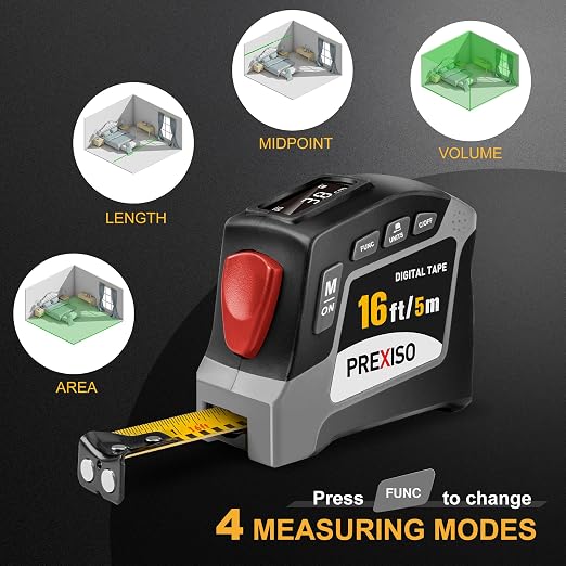 PREXISO 2-in-1 Digital Tape Measure - 16Ft Rechargeable Digital Measuring Tape Ruler Ft/Ft+in/in/M/CM/MM Unit, Metric & Inches Retractable Measurement Tape Tools, Auto Lock, Pythagorean, Area, Volume