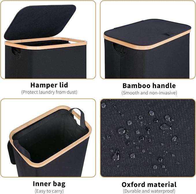 iEGrow 75L Slim Laundry Hamper, Narrow Laundry Basket with Lid,Foldable Clothes Hamper with Bamboo Handles,Hamper Basket with Removable Inner Bag for Laundry Room Bedroom College Dorm,19.8 Gals Black