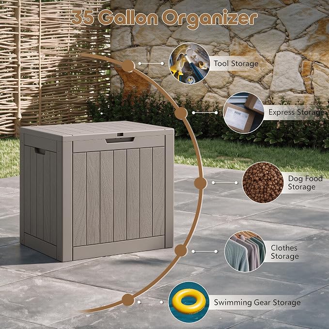 NUNU LAB 35 Gal Outdoor Storage Box Waterproof Lockable,Deck Box,Grey | Waterproof Outdoor Storage Box, Lockable Lid Deck Box for Package Delivery, Backyard Bin for Garden Tools, Patio Cushion