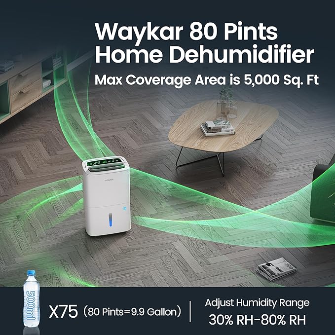 Waykar Max 80 Pint/D(Standard 62Pint/D) Energy Star Home Dehumidifier for Spaces up to 5,000 Sq. Ft, Ideal for Basement, Bathroom and Large Room with Drain Hose, Portable, Auto Defrost and Self-Drying