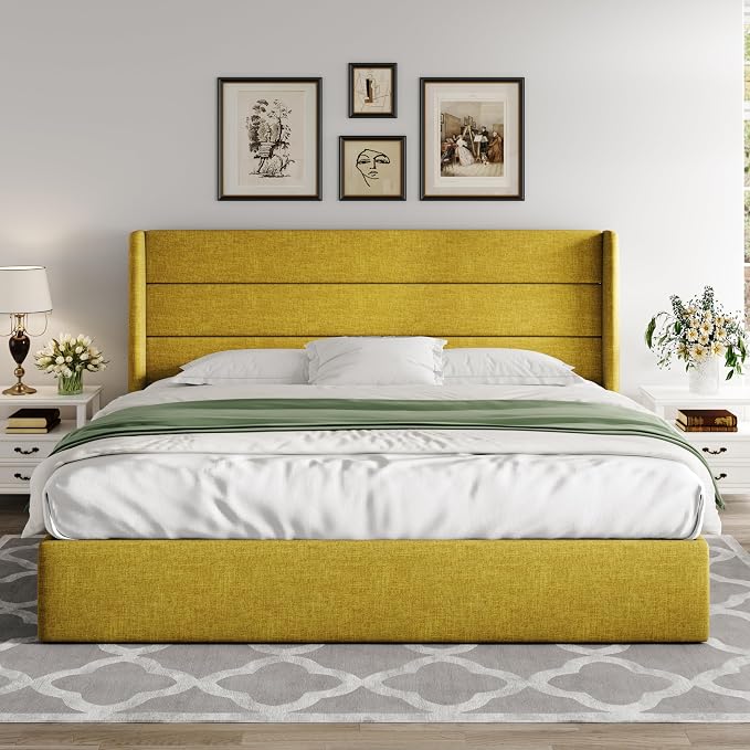 Allewie King Size Lift Up Hydraulic Storage Bed Frame Olive Yellow | Modern Wingback Headboard, Hydraulic Support Storage, No Box Spring Needed