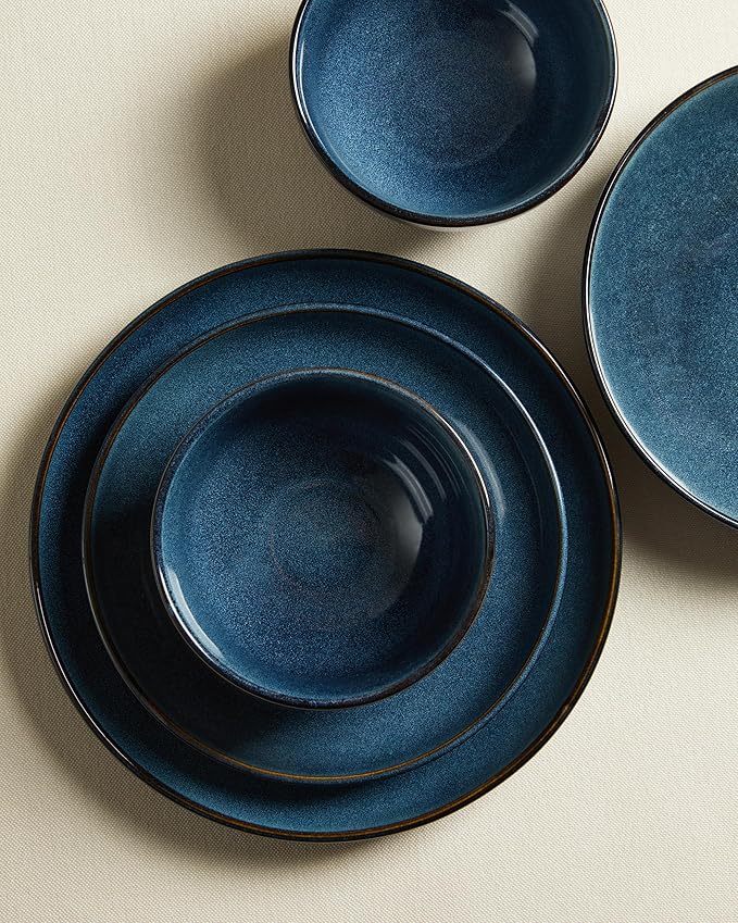 Pokini 24 Piece Double Bowl Dinnerware Sets with Pasta Bowls, Highly Chip and Crack Resistant Plates and Bowls Sets, Natural Earthyware Ceramic Dishware Sets, Service for 6 Starry Blue
