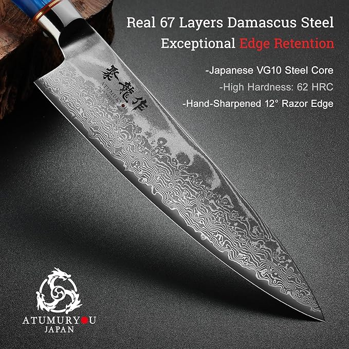 Japanese Chef Knife Set 3 Pcs, 67-Layer Damascus Kitchen Knife Set with VG10 Steel Core, Professional Sharp Damascus Knives with Ocean-Blue Ergonomic Handle, Include Elegant Cooking Gifts Box