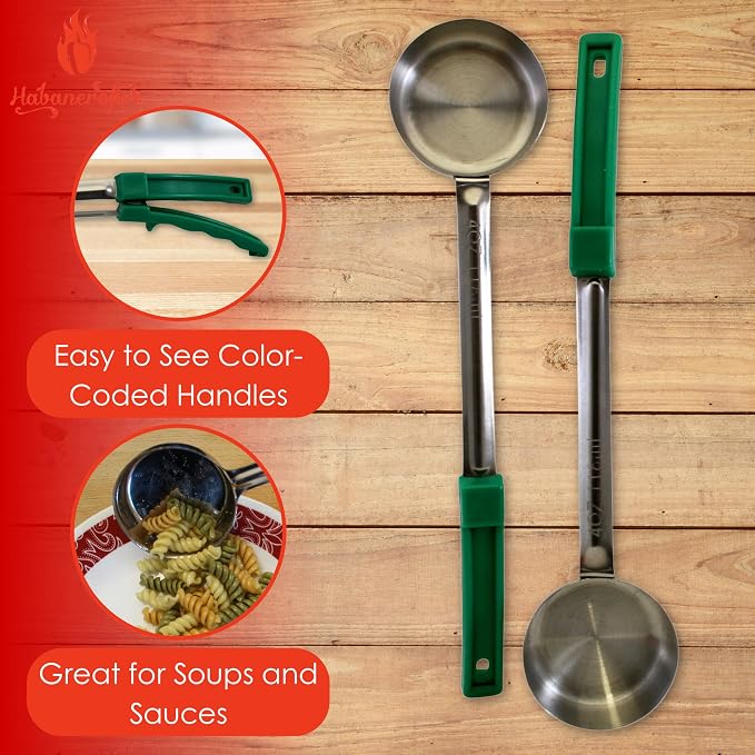 4 oz Solid Stainless Steel Portion Control Ladle Spoon | Commercial-Grade Spoodle for Portioning & Serving - Soups, Sauces & Buffet Service. Color-Coded by Size. Dishwasher Safe.
