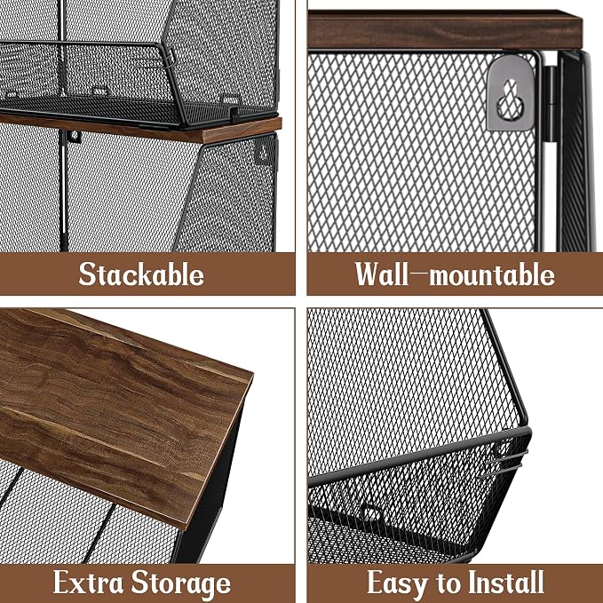 Stackable Fruit Basket for Kitchen Countertop Space Saving, Wall Mounted Mesh Metal Wire Baskets with Wood Lid Extra Storage, 2 Pack Kitchen Counter Organizer for Snack, Onion and Potato Storage