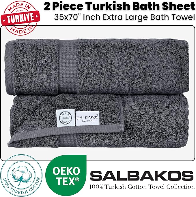 SALBAKOS 2-Piece 100% Turkish Cotton Bath Towels, Extra-Large 35x70, Gray | Oversized Bath Sheet Towel for Bathroom & Beach, Thick, Super Soft, Highly Absorbent, Premium Hotel Quality, Made in Turkey
