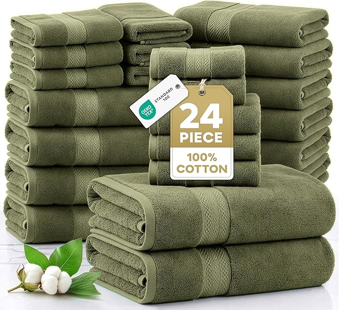 LANE LINEN Large Bath Towel Set Absorbent Quick Dry 100% Cotton - Oil Green | Soft Cotton Towels - Fade-Resistant Color, Classic Terry Weave, Densely Woven & Durable, Easy-Care, Coordinated Colors