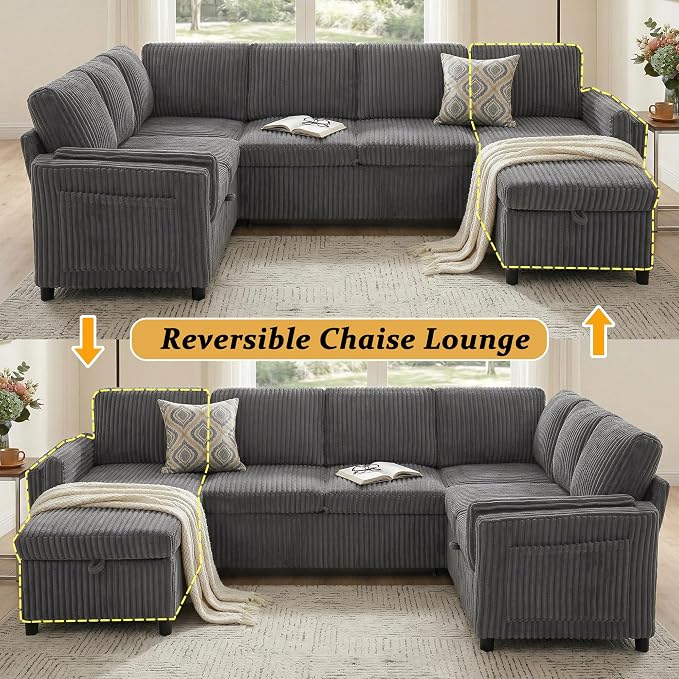L Shaped Sectional Sleeper Sofa with Pull Out Bed, Dark Grey | 7 Seat Modular Design, Hidden Storage Space, Soft Corduroy Fabric, USB Charging, Cup Holders, Removable Covers, Easy Assembly