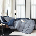 Reversible Duvet Cover Set 100% Washed Cotton Blue Stripe Linen Feel Duvet Cover Super King Size with Zipper Closure & 2 Pillow Shams,Navy/White Stripe Reverse Solid Navy