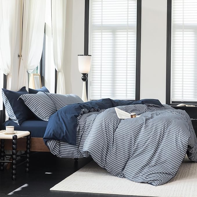 Reversible Duvet Cover Set 100% Washed Cotton Blue Stripe Linen Feel Duvet Cover Super King Size with Zipper Closure & 2 Pillow Shams,Navy/White Stripe Reverse Solid Navy
