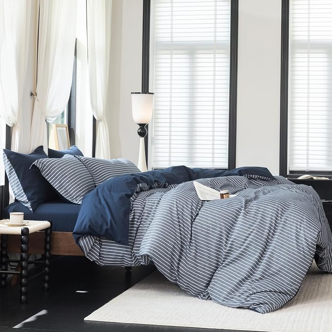 Reversible Duvet Cover Set 100% Washed Cotton Blue Stripe Linen Feel Duvet Cover Twin Size with Zipper Closure & 2 Pillow Shams,Navy/White Stripe Reverse Solid Navy