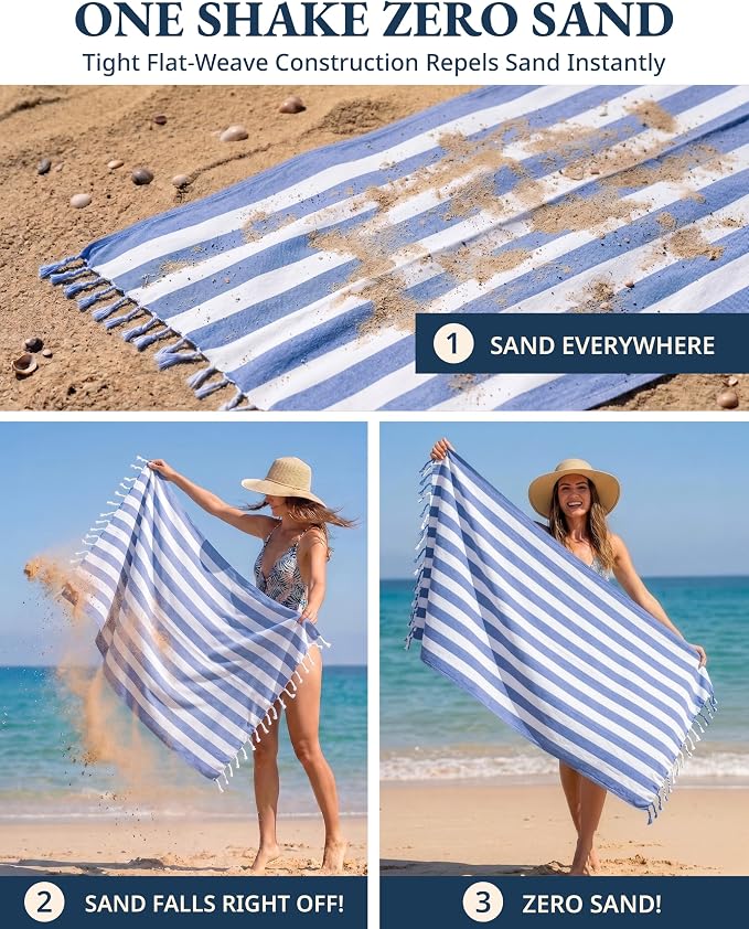LANE LINEN 3 Pack Oversized Beach Towels, 39"x71", Quick Dry - Ocean Depth | Classic Cabana Stripe - Soft Pre-Washed Cotton Blend - Lightweight & Packable - Great For Pool, Swim & Travel - Pool Day