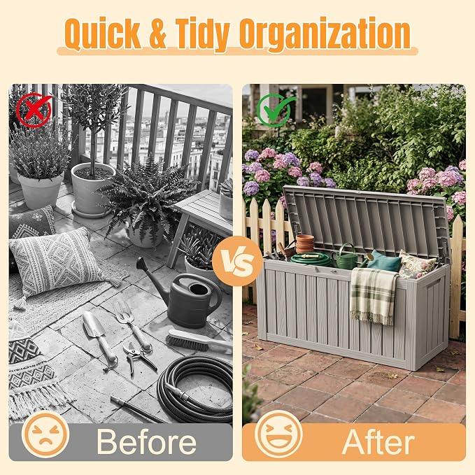 Outdoor Storage Box, 140 Gallon Waterproof Resin Deck Box with Support Rod | UV Resistant Lockable Package Delivery Bin, Shoe, Patio & Garden Tools Storage, Toy Cabinet, Ottoman, Indoor/Outdoor