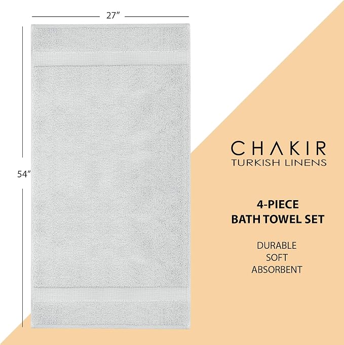 Chakir Turkish Linens 4 Piece Bath Towel Set, 100% Cotton Luxury Turkish Towels for Bathroom, Soft Absorbent Bath Towels, 27 x 54 Inches, Silver Gray