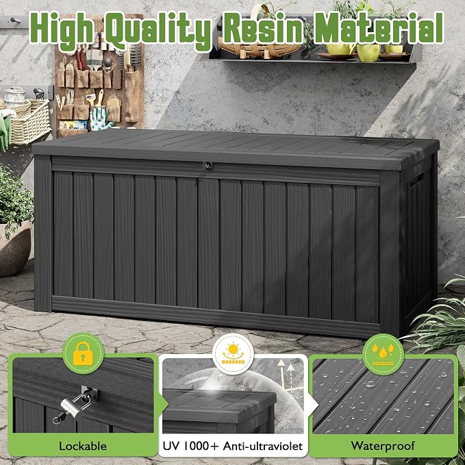 Outdoor Storage Box, 150 Gallon Large Outdoor Resin Deck Box, Storage Waterproof Boxes Lockable Lid for Garden Tools, Pool Supplies, Patio Furniture and Cushions, Black