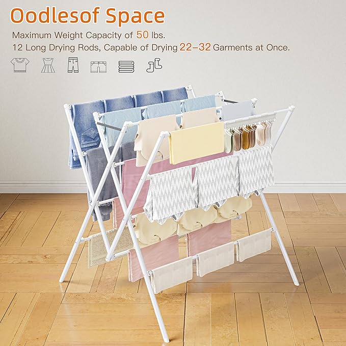 HOMIDEC Drying Rack Clothing,Large 12 Drying Poles with Sock Clips Clothes Drying Rack,Foldable Portable Laundry Drying Rack for Air Drying Clothing,Towels,Delicate Eac,Indoor Outdoor Use.White