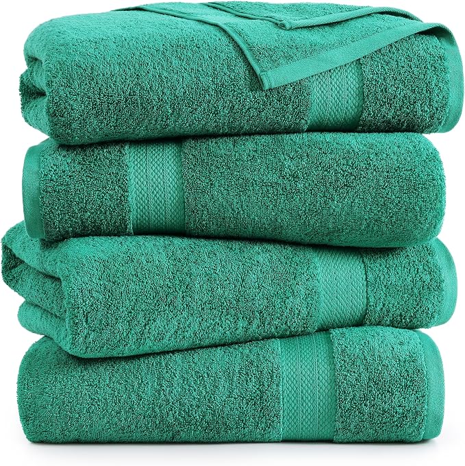 LANE LINEN Bath Towels Pack of 4 (28"x54") - 100% Ring Spun Cotton Bathroom Towel Set - Reinforced Edges, Quick Dry, Soft & Absorbent Large Bath Towels - Lightweight, Perfect for Daily Use - Emerald