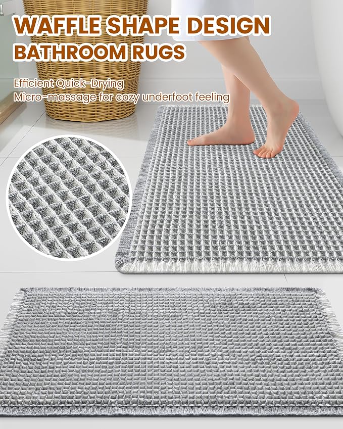 Smiry Waffle Bath Mat 30x18, Extra Soft Absorbent Bathroom Rugs, Non Slip Machine Washable Quick Dry Bath Rugs for Bathroom Floor, Tub, Shower, Home Decor Accessories, Lightgrey & Cream