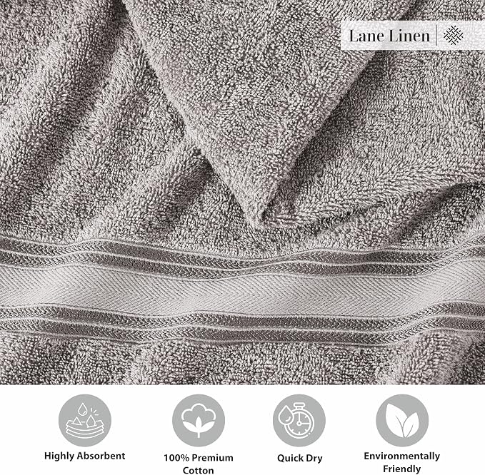 LANE LINEN Bath Towel Set 100% Cotton 3 Piece Soft Absorbent - Grey | Shower Towels - Generously Sized, Oversized & Roomy, Lightweight & Breathable, Fade-Resistant Color, Classic Terry Weave