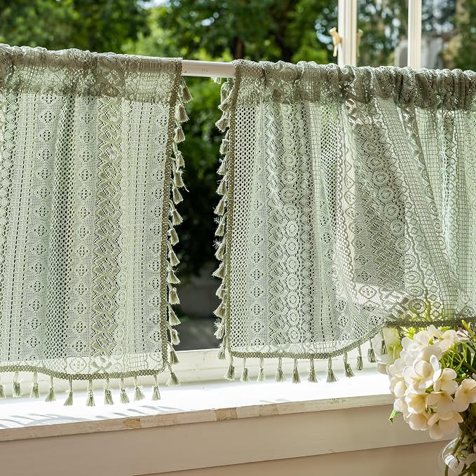 Sutuo Home Sage Green Sheer Boho Short Curtains Valance for Kitchen Cafe | Macrame Lace Curtains Bohemian Crochet Privacy Vintage Tassels Cottagecore Closet Decoration Rod Pocket,2 Panels 50"W x 18" L