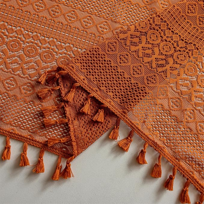 Sutuo Home Boho Lace Curtains 2 Panel Sets for Bedroom Living Room, Semi Sheer Curtains French Country Privacy Vintage Tassels Orange Victorian Style Rustic Decor Rod Pocket,50" x 96" Terracotta