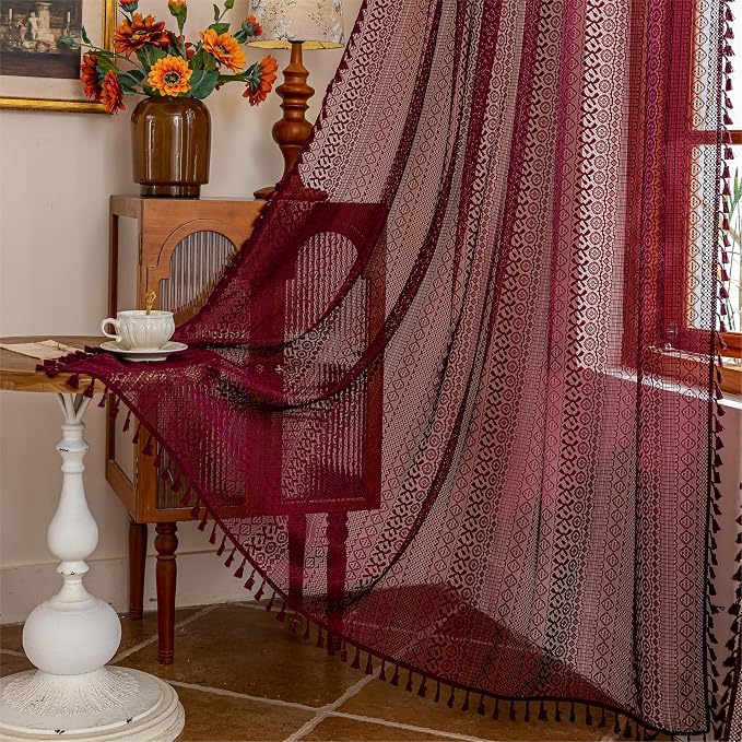 Sutuo Home Burgundy Boho Lace Curtains 72 inch Lengh for Nursery Bedroom Bathroom, Red Semi Sheer Curtains Privacy Crochet Vintage Tassels Bohemian Drapes Window Treatments Rod Pocket, 2 Panels 50" W