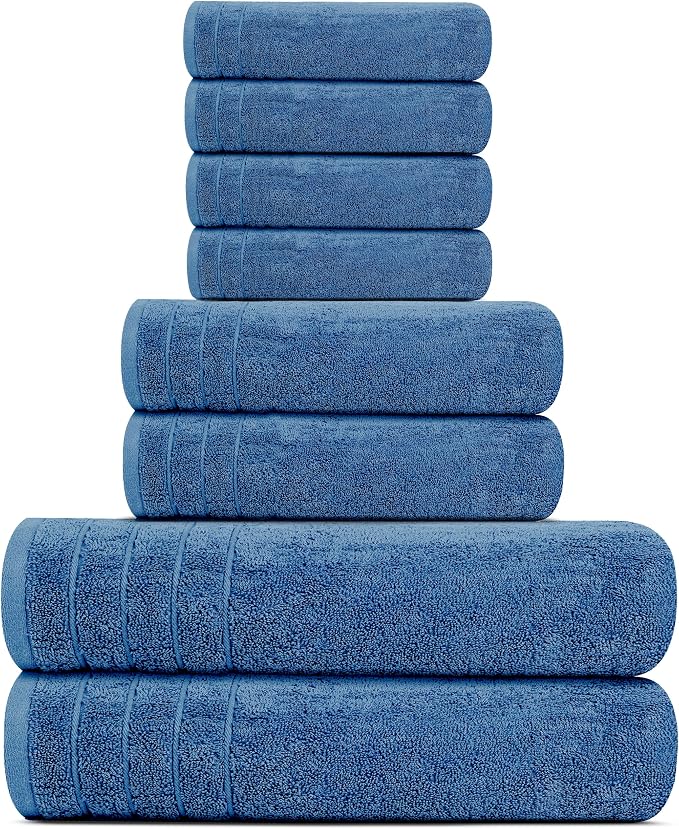 Tens Towels 8 Piece Towel Set, 2 XL Bath, 2 Hand, 4 Washcloth, Blue | 100% Cotton, Lighter Weight, Quicker to Dry, Super Absorbent, Perfect for Bathroom