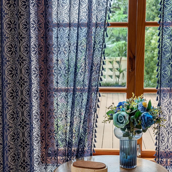 Sutuo Home Navy Blue Boho Sheer Curtains 84 inches Long 2 Panels for Bedroom Living Room, Lace Floral Tassels Curtains Crochet Bohemian Farmhouse Vintage Privacy Window Treatments Rod Pocket, 50" W