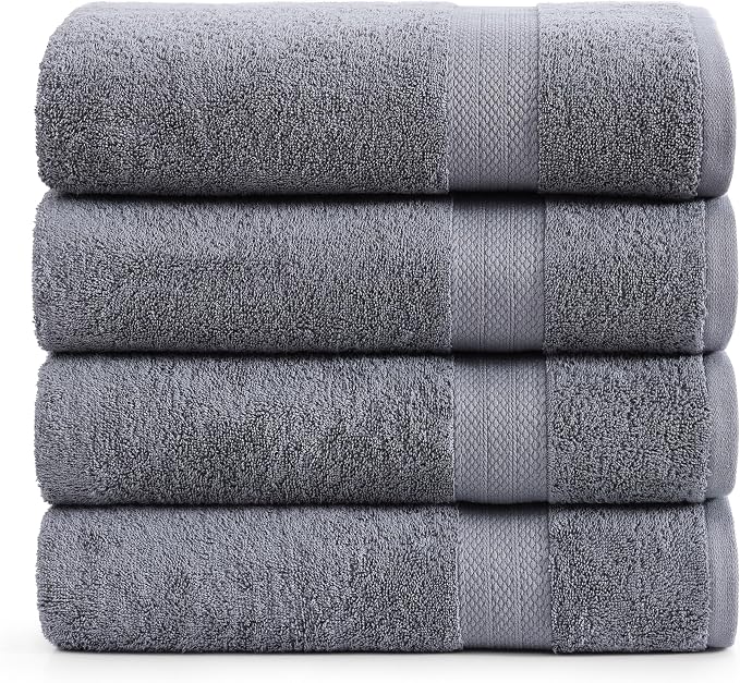 LANE LINEN Bath Sheet Quick Dry 100% Cotton 4 Pack Soft - Cool Grey | Towels For Dorm - Densely Woven, Coordinated Colors, Everyday Durability, OEKO-TEX Certified, Ring-Spun Durability