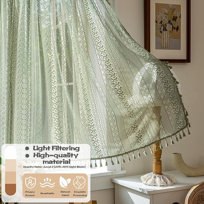 Sutuo Home Sage Green Lace Boho Curtains Drape 2 Panels 45 Inch Length | Semi Sheer Small Window Curtains for Kitchen Cafe Crochet Vintage Tassels Bohemian Privacy Rustic Geometry Rod Pocket, 50" W