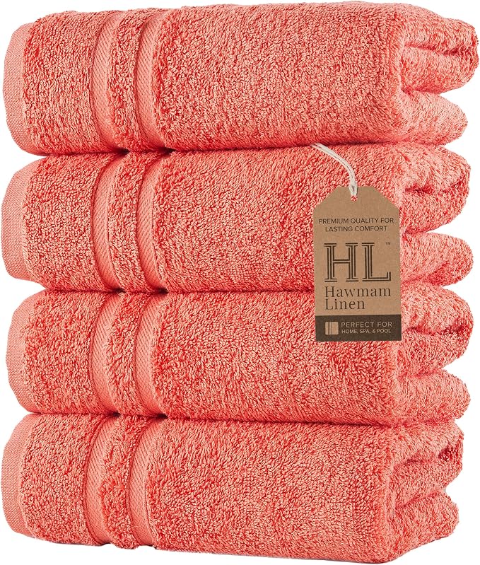Hawmam Linen Coral Orange Hand Towels 4 Pack Turkish Cotton Premium Quality Soft and Absorbent Small Towels for Bathroom