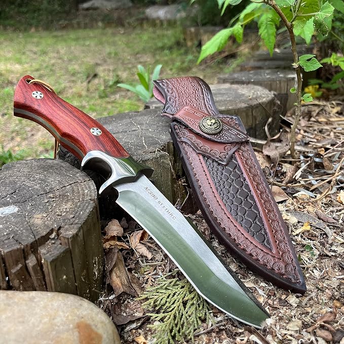 M390 Steel Handmade Hunting Knife, Fixed Blade Full-Tang with Leather Sheath, Red Wood Non-Slip Handle - Survival, Tactical, Camping knives