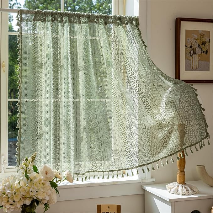 Sutuo Home Sage Green Boho Lace Short Curtains 2 Panels 50" W x 36" L | Sheer Valance Curtains For Kitchen Window Over Sink Drape Closet Crochet Privacy Farmhouse Vintage Tassels Rod Pocket