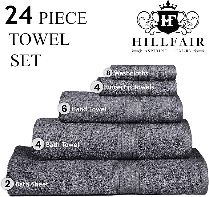 Hillfair 24 Piece Bath Towel Set - 100% Cotton - 2 XXL, 4 Bath, 6 Hand, 4 Fingertip, 8 Washcloths: Platinum