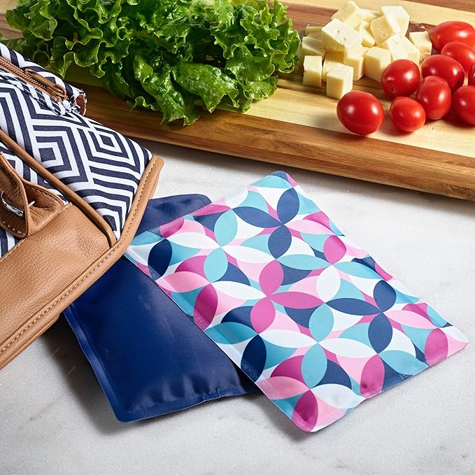 Fit & Fresh Cool Coolers 2 Pack Soft Ice for Lunch Bags, Flexible Stretch Nylon, Durable, Reusable Lunch Box Ice Packs, Soft Ice, Reusable Freezer Packs, Lunch Ice, Easy to Clean, Geo & Navy