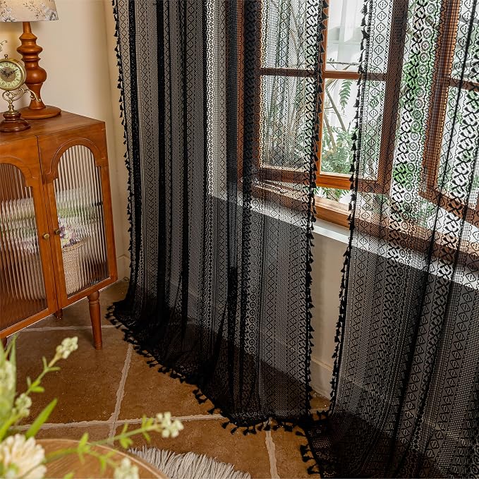 Sutuo Home Black Boho Sheer Curtains 84 inches Long for Bedroom Living Room, Bohemian Lace Window Curtains Crochet Privacy Farmhouse Vintage Chic Tassels Darkening Decor Rod Pocket, 2 Panels 50" W