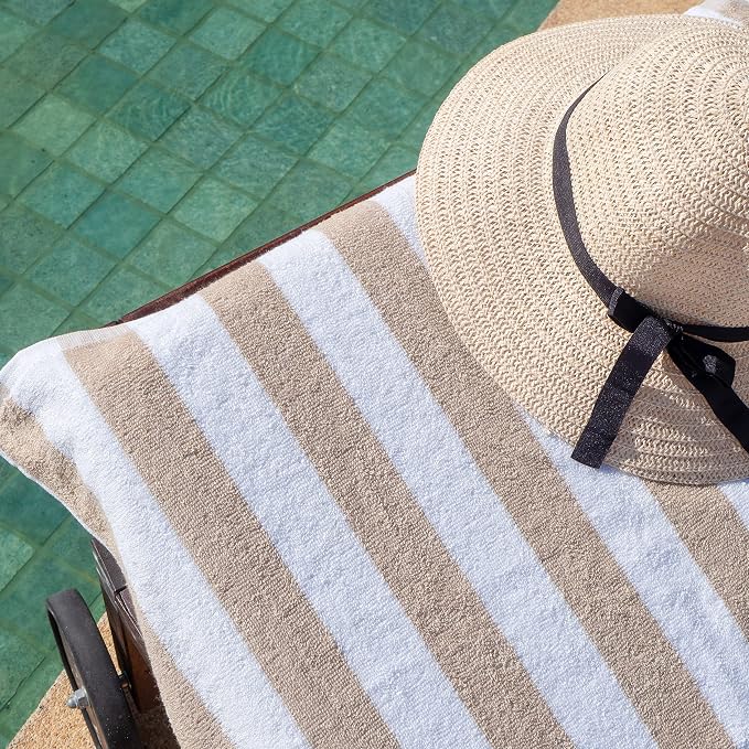 Arkwright California Cabana Stripe Beach Towel - Pack of 4, Large Soft Quick Dry 100% Cotton Terry Towels Set for Pool, Swim, and Hot Tub, Oversized 30 x 70 in, Beige